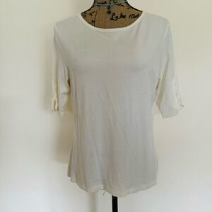 Talbots White Cream Scoop Neck Gathered Short Sleeve Basic Top Tee Shirt Large